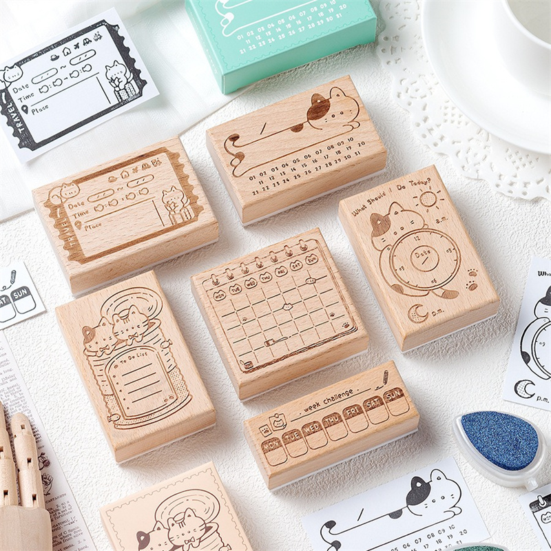 Cute Cat Wooden Rubber Stamp M - огляд і ціна Rubber Date Stamp